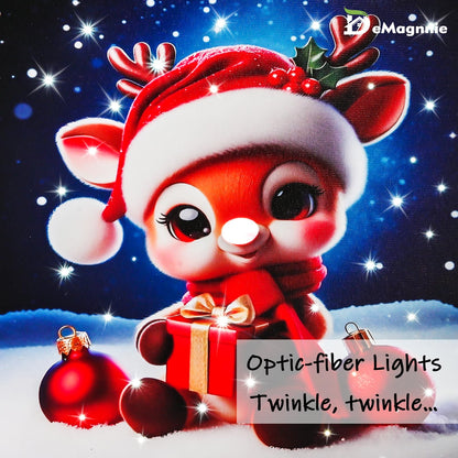 Fiber-optic Light up LED Christmas Canvas Wall Art w/Timer, Lovely Reindeer Baby Portrait Lighted Pictures on Battery, Ready to Hang Design, Cute Deer Christms Gifts Print for Kids Bedroom Wall Decor