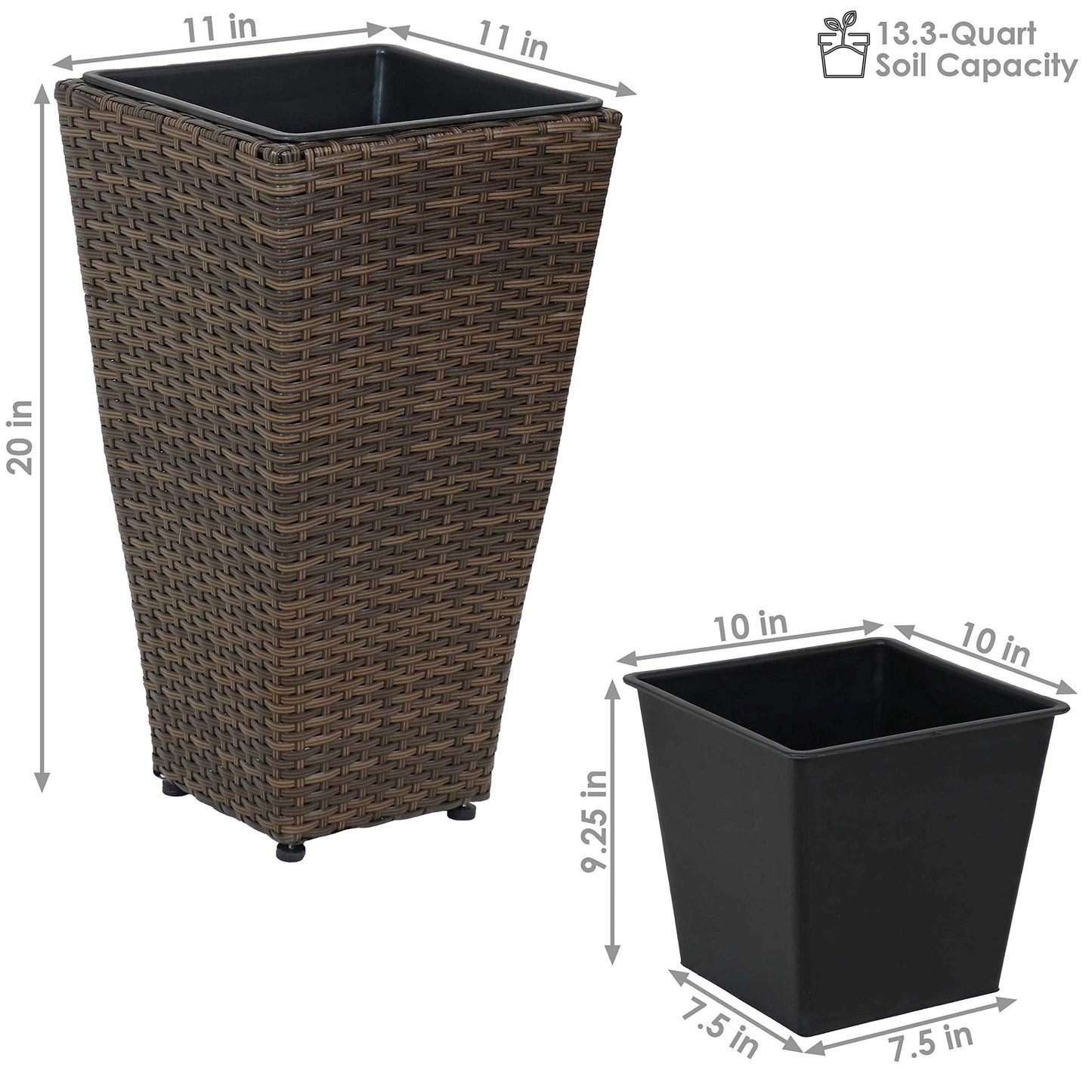 Sunnydaze Square Tall Wicker Outdoor Planter Set of 2 - Polyrattan Large Outdoor Planters for Porch, Patio or Garden - 20" Tall Plant Pots - Brown