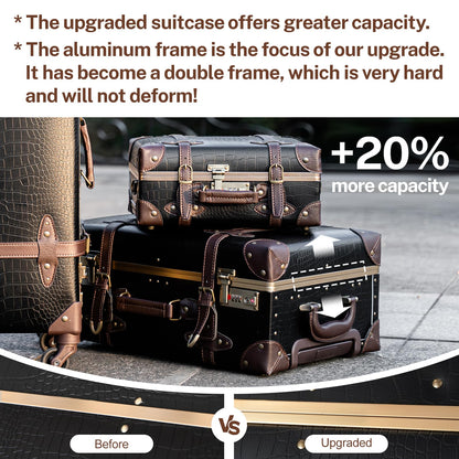 urecity Vintage Luggage Set of 2, Retro Suitcase Trunk with Wheels for Men and Women, Cute Designer Travel Luggage Set with Boarding Tote, Luggage Zipperless TSA Approved (20"+12", Black)