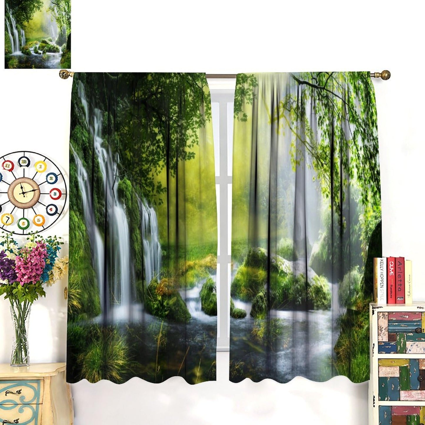 Focusbrite Forest Curtains Rod Pocket Nature Tropical Jungle River Rainforest Waterfall Landscape Scenery Print Pattern Window Drapes for Bedroom Living Room Cafe Office Set 2 Panels,42x45 Inches