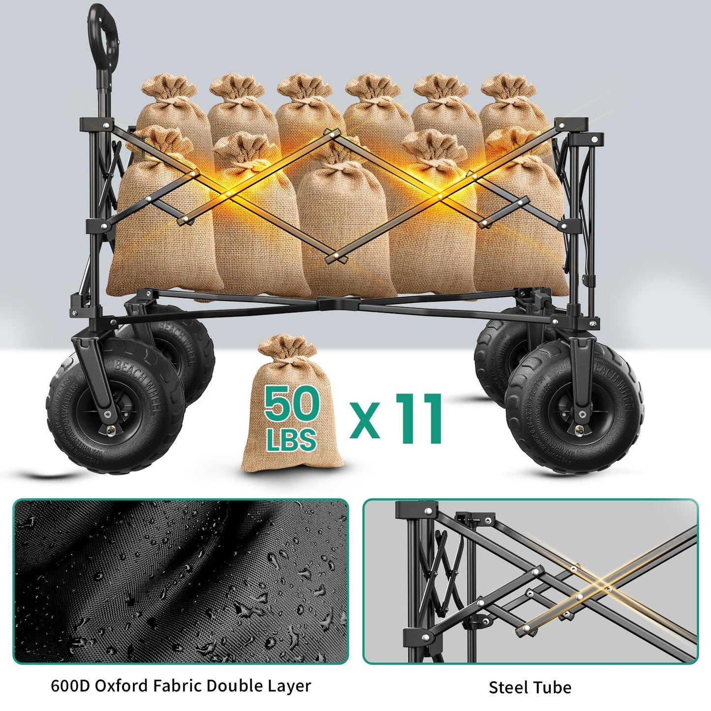 SUNNYFEEL Beach Wagon with Big Wheels for Sand, 550LBS Heavy Duty, 300L Foldable Beach Cart with 9" Balloon Wheels, Collapsible Wagon Cart with Adjustable Handle for Camping, Garden, Outdoor, Black