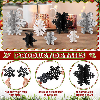 Wenqik 16 Pcs Winter Wooden Snowflake Decor Christmas Winter Snowflake Tabletop Decorations 3D Snow Table Signs Standing Centerpiece Xmas Tiered Tray Decorations for Party(White, Black, Silver)