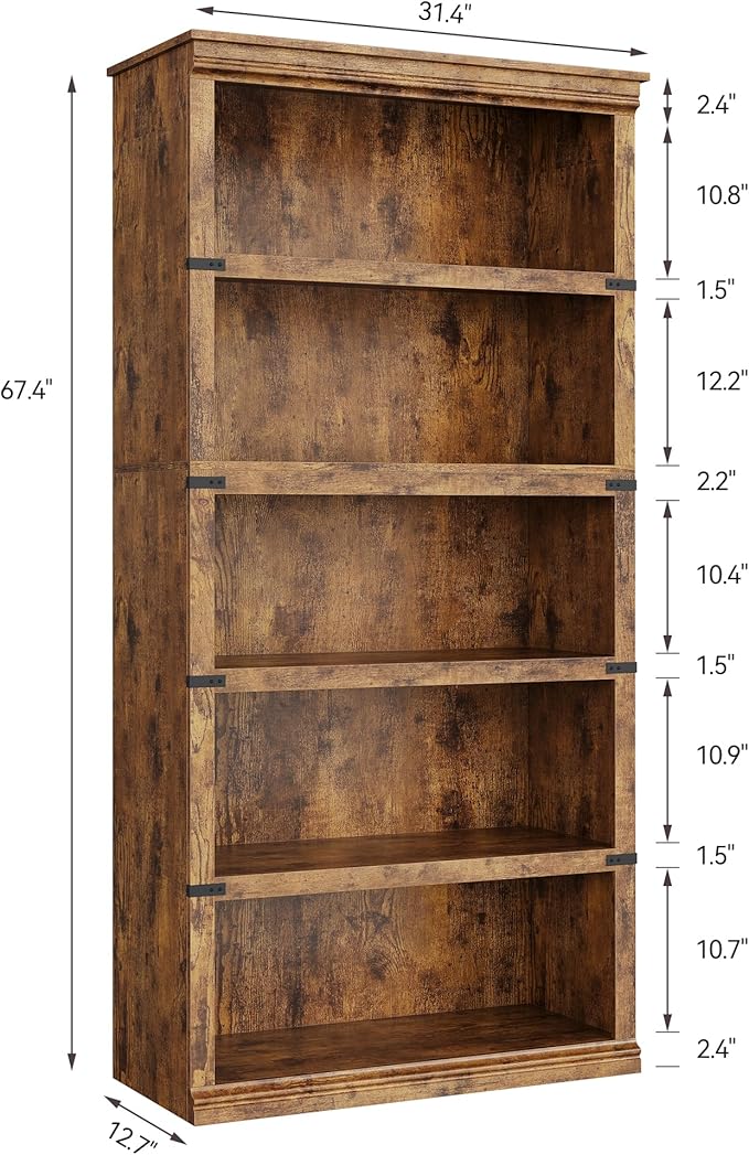 GarveeHome 5 Tier Farmhouse Bookcase, 67.4" Tall Book Shelf