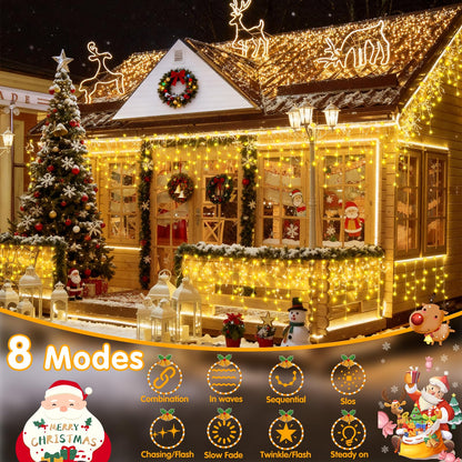 Hezbjiti Outdoor Christmas Lights, 400LED Ice Lights 33FT LED Fairy String Lights with 8 Modes and 75 Drops for Eaves, Party, Yard, Garden Decor（Warm White）