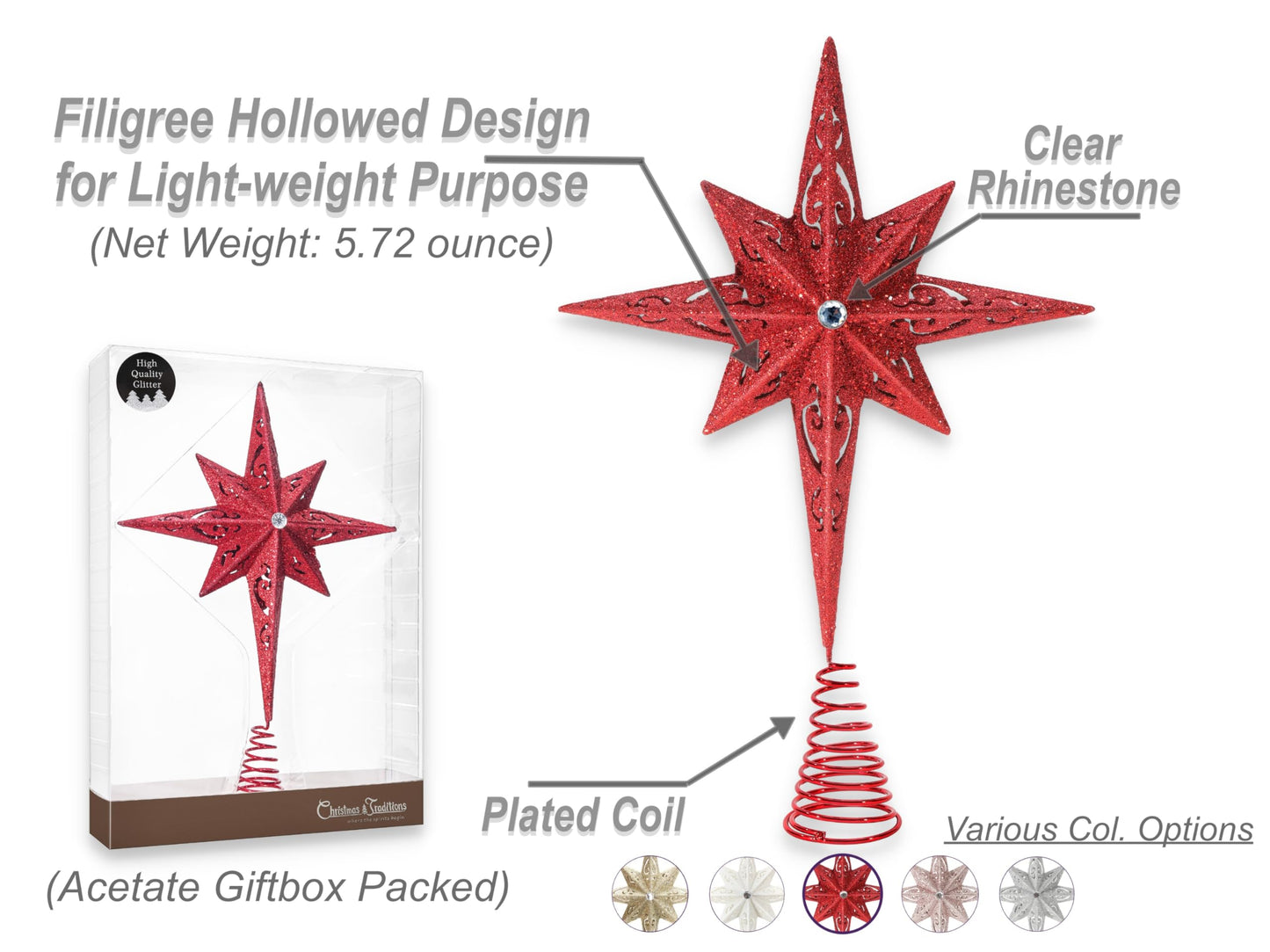 Christmas Traditions 11 inch Champagne Glittered Large Christmas Bethlehem Star Tree Topper Star for Large Tree 6 feet-8 feet Tall/Home Decor Ornaments (X'Mas Red)