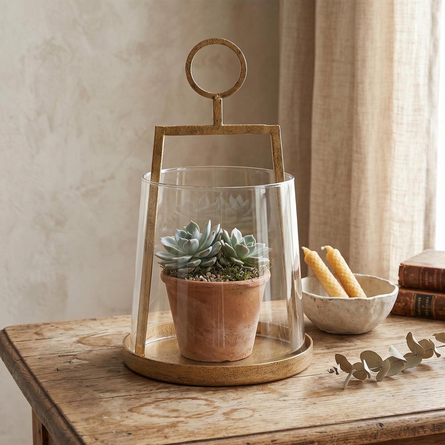 Modern Farmhouse Hurricane Candle Holder, Antique Brass Metal Centerpiece with Sturdy Glass Sleeve, Tabletop Geometric Lantern for Pillar Candles, Plants & Home Decor (6" x 10")