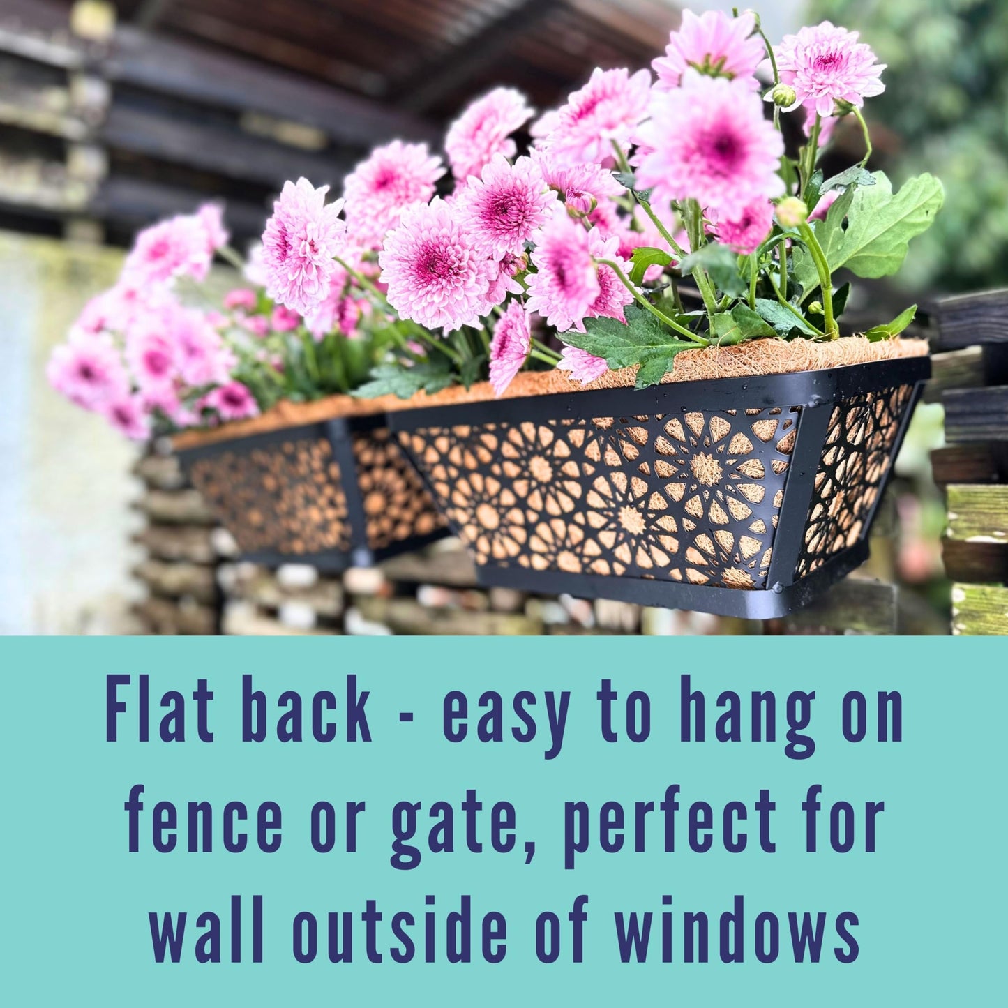 LaLaGreen Window Boxes Planters for Outdoor Plants (12 Inch, 4 Pack) Small and Cute Black Metal Fence Hanging Flower Box Basket with Coco Liner Unique Horse Troughs Balcony Garden Pot Patio Porch Rail