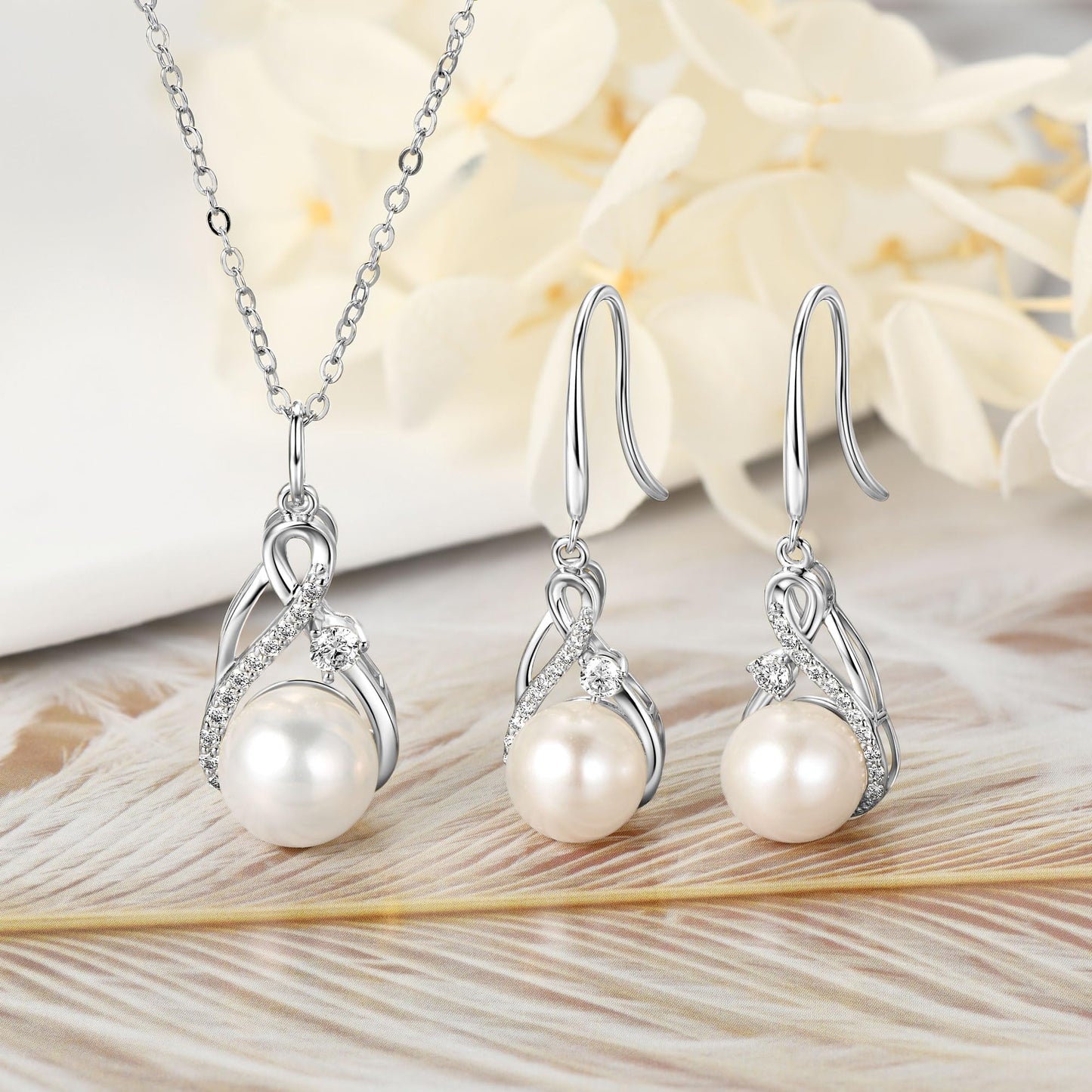 DENGGUANG Sterling Silver Pearl Jewelry Set with Moissanite, Real Freshwater Pearl Earrings Necklaces for Women, Wedding Jewelry for Brides Bridesmaid, Mother's Day