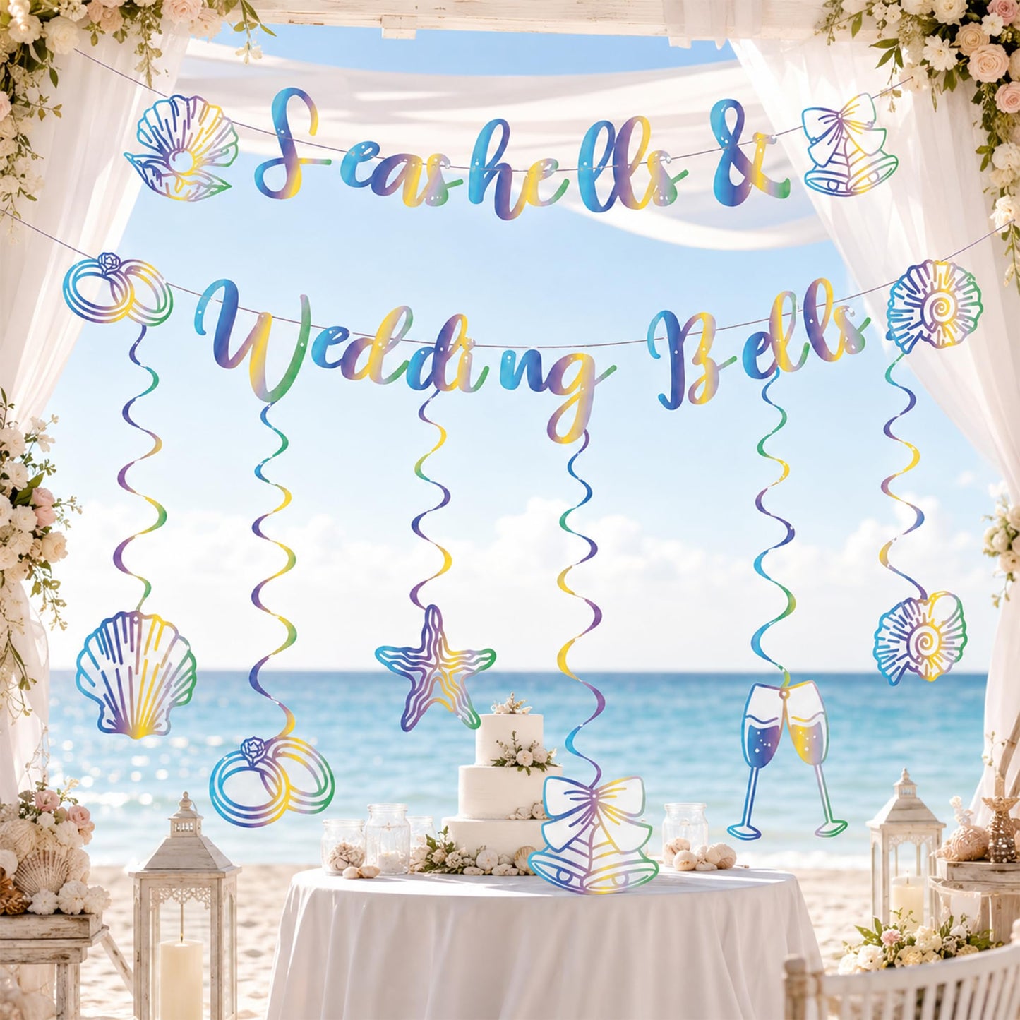 Seashells and Wedding Bells Decor - Rainbow Iridescent Holographic Bachelorette Bridal Shower Decorations Last Toast on the Coast Party Garland Hanging Swirls