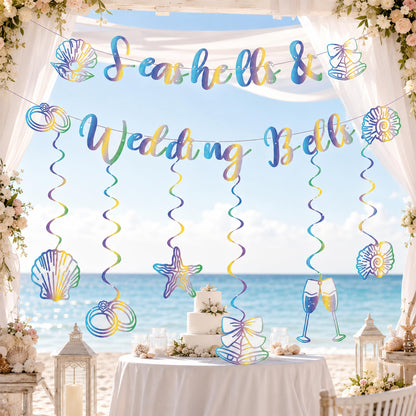Seashells and Wedding Bells Decor - Rainbow Iridescent Holographic Bachelorette Bridal Shower Decorations Last Toast on the Coast Party Garland Hanging Swirls
