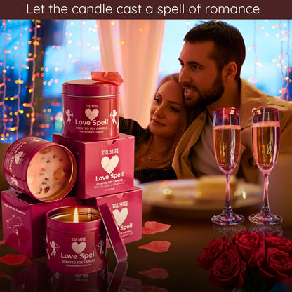 Love Spell - Scented Candles for Women & Men with Rose Petals and Crystals - Pack of 3 x 5oz Soy Clean Organic Non Toxic - Velas Aromáticas - Aromatherapy Spa Valentines Gift Candel