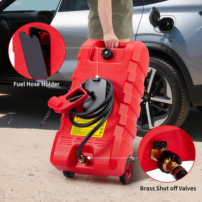 GarveeTech 15 gal Gas Can with Manual Transfer Pump & 10 ft Hose, Portable Fuel Tank with Wheels & Carry Handle, Leak-Proof Heavy Duty Gas Caddy for Cars, Boats, Lawn Mowers, Red