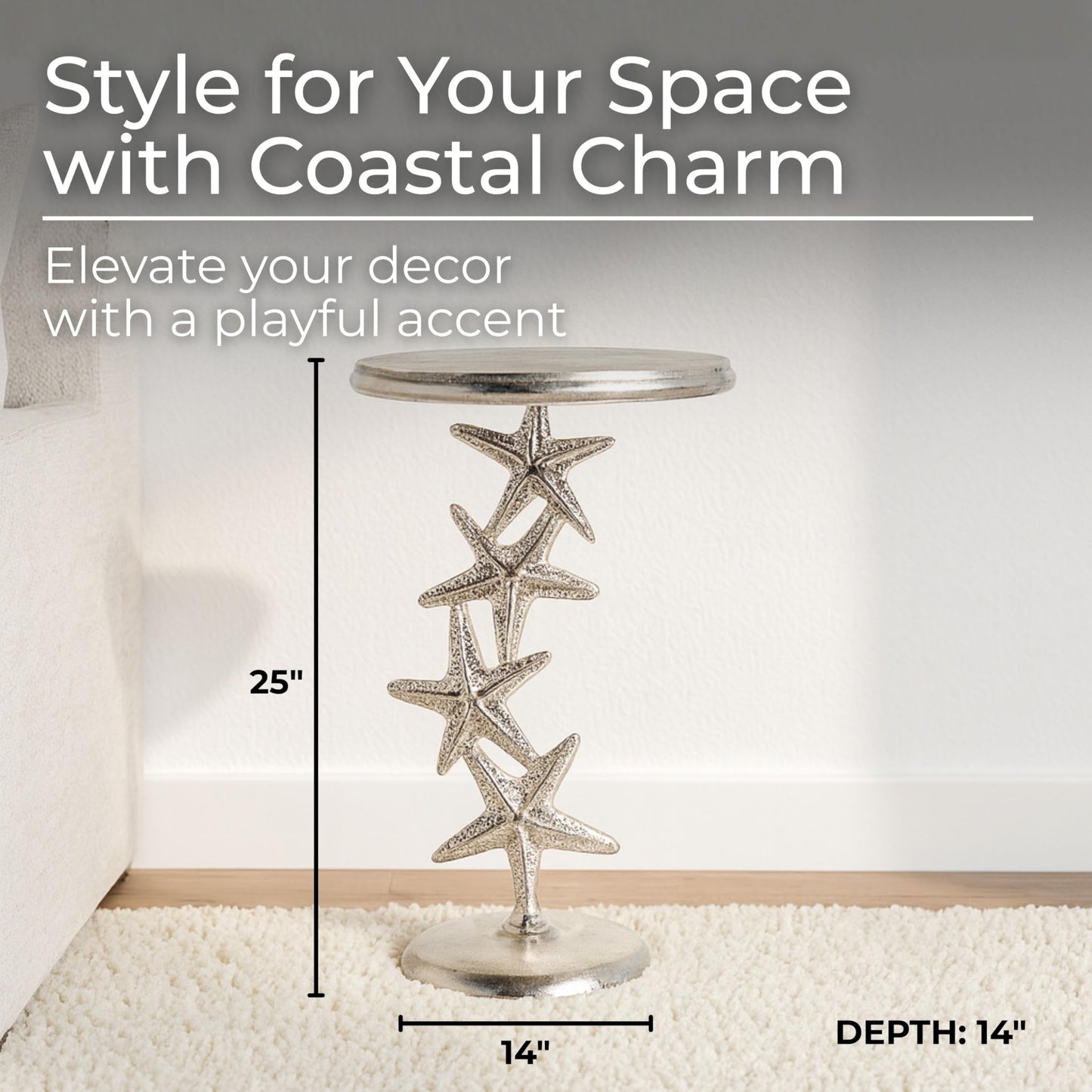 Metal Accent Table, Modern Round Side Table for Living Room and Bedroom, No Assembly Required, Indoor Use Only, Iron and Stone Materials, Starfish Home Decor Living Room Accent Table – 25", Silver