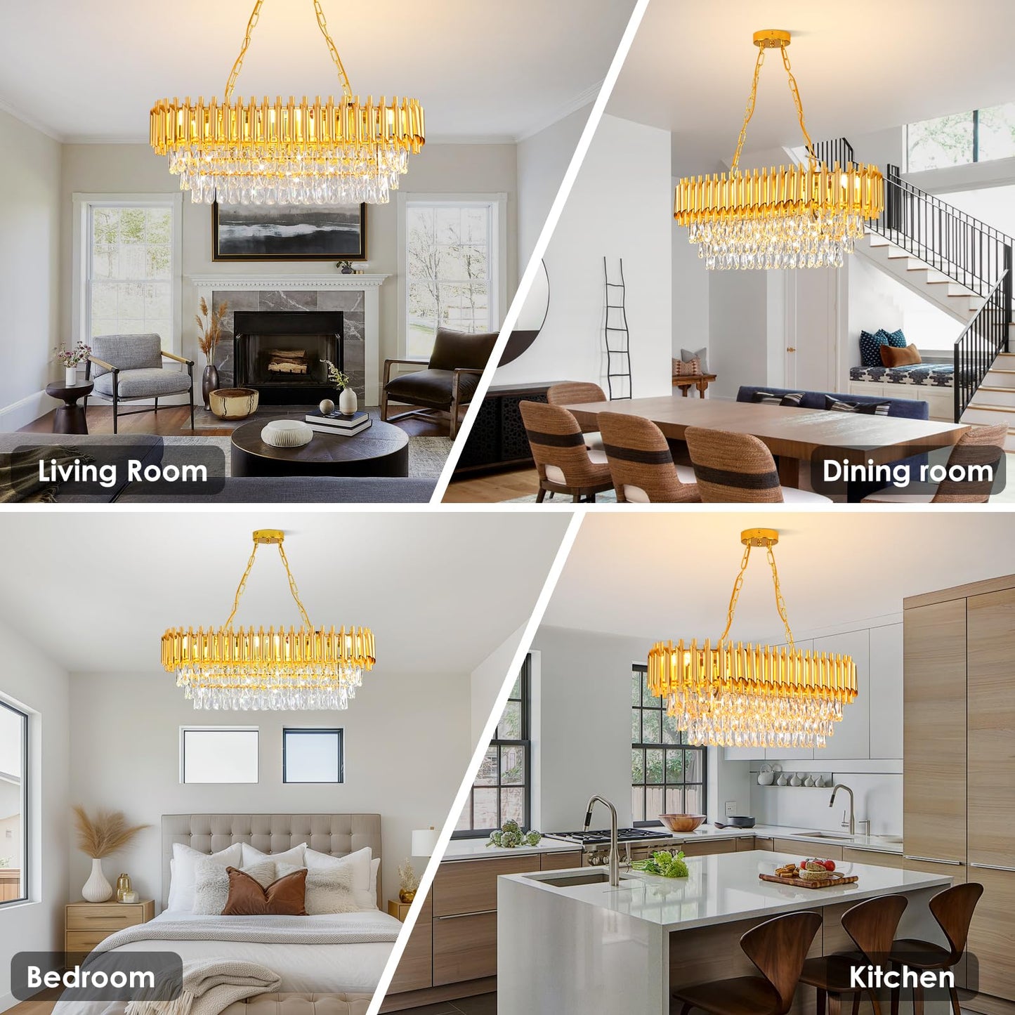 AKDXIRUN Modern Crystal Chandeliers for Dining Room 8-Light Rectangular Gold Crystal Chandelier Living Room Oval Contemporary Linear Pendant Light Fixture for Kitchen Island Bar Restaurant L32