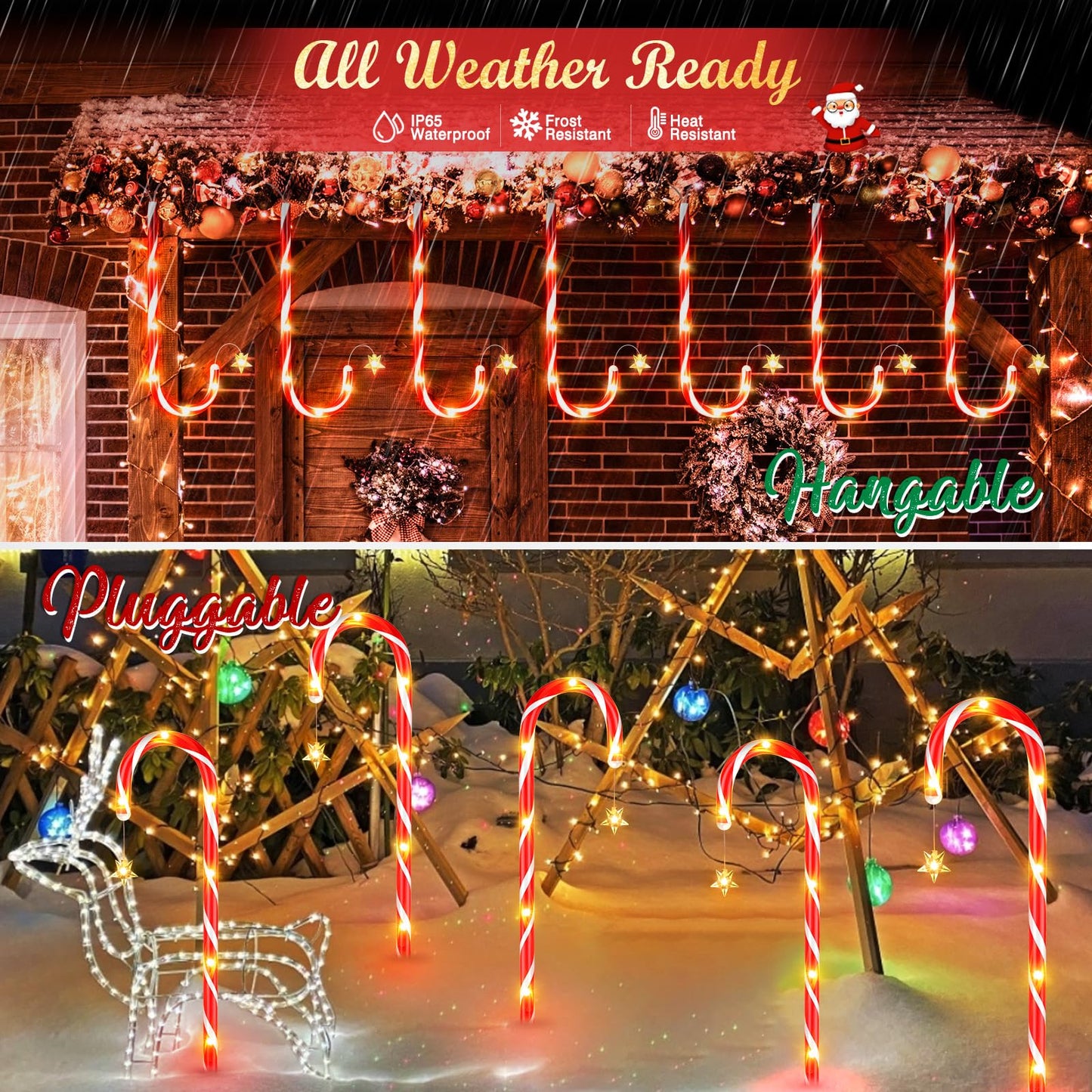 BUCASA 24 Pack Christmas Decorations Outdoor Solar Candy Cane Lights, 144 LEDs, 10 Modes, Waterproof, USB Rechargeable, Perfect for Yard, Garden, Pathway