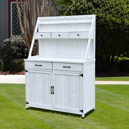 GDFStudio Farmhouse Outdoor Storage Bench Table with Cabinet, Fir Wood Potting Bench Plant Bench, Large Garden Storage Work Bench with Drawers Removable Shelf for Backyard Patio Greenhouse, White