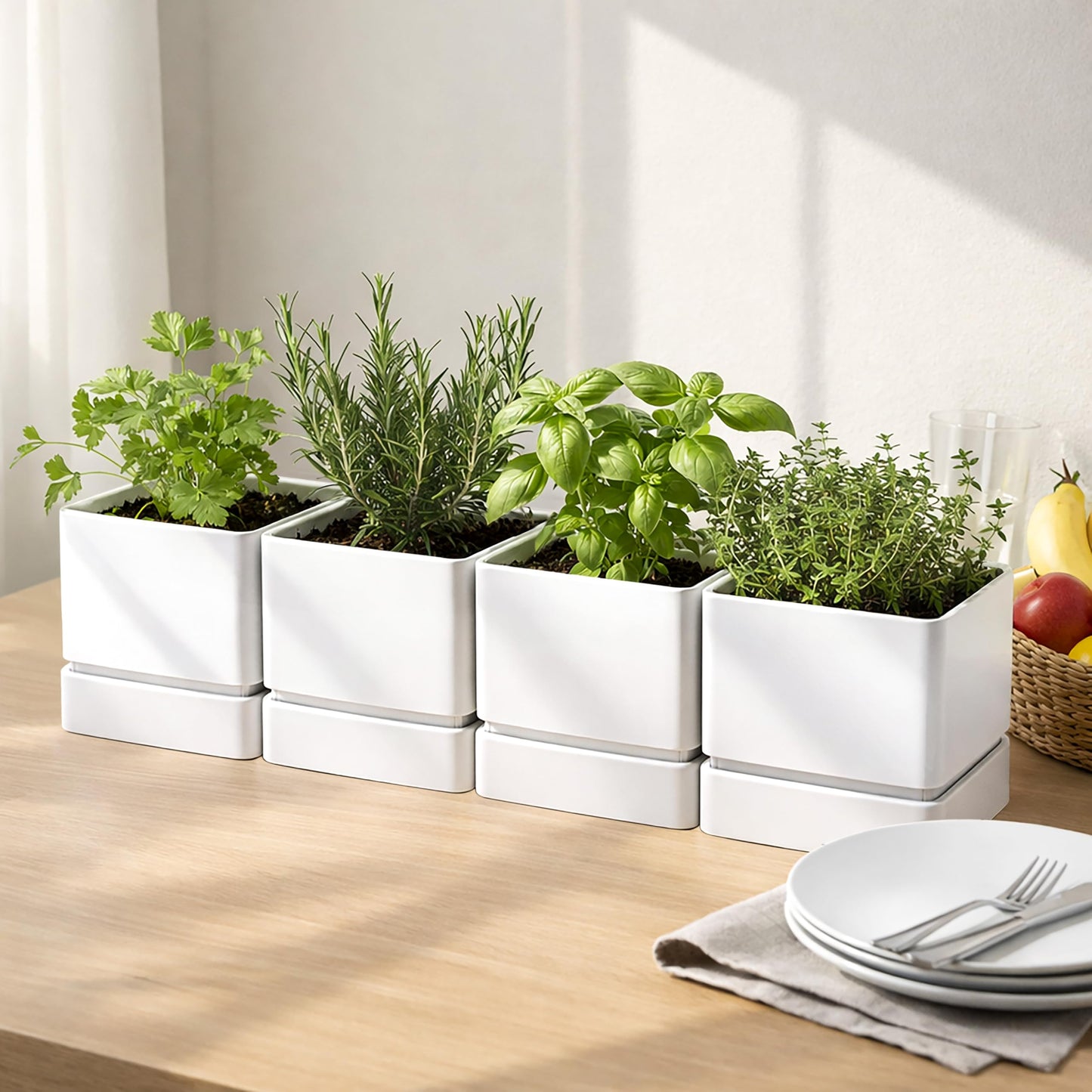D'vine Dev 6 Inch Herb Planter Pot, Plastic Planter with Drainage Holes and Saucer, Modern Decorative Gardening Pot for Indoor Plants, Flowers, Herbs, Succulents, White, Set of 4, 76-Y-A4-2