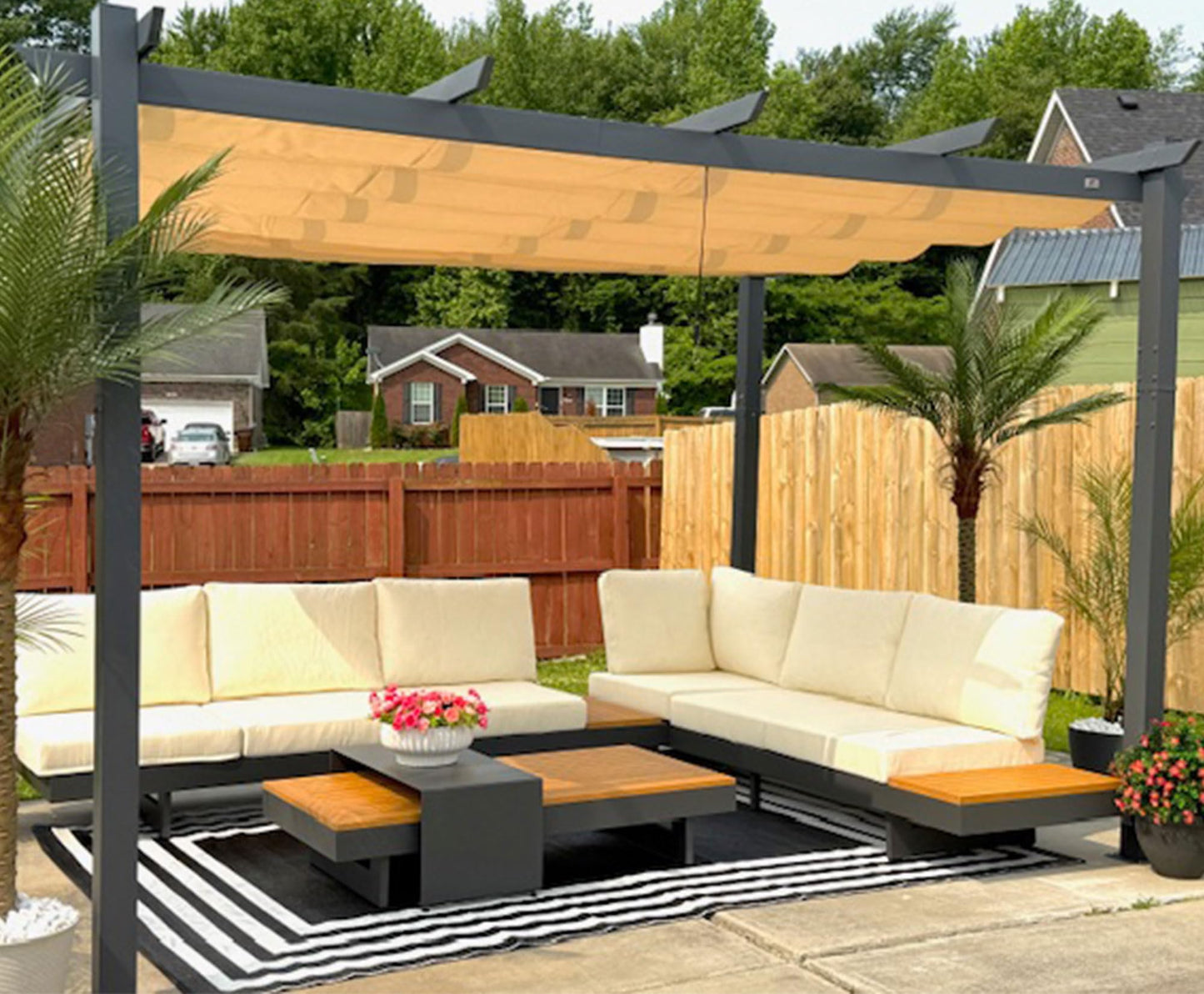 PURPLE LEAF 10' x 13' Aluminum Outdoor Pergola Wind-Resistant Retractable Pergola with Double Sun Shade Canopy Heavy-Duty Metal Pergola for Patios Backyard Deck Garden, Khaki