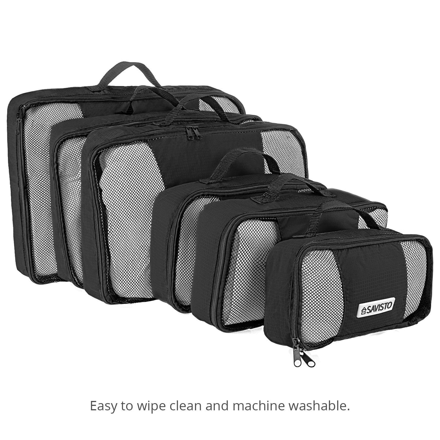 Savisto Packing Cubes 6 Piece Set, Durable & Lightweight Travel Essentials For Suitcases - Includes 1 XL, 2 L, 2 M, 1 S - Available in 8 Stylish Colours - Black