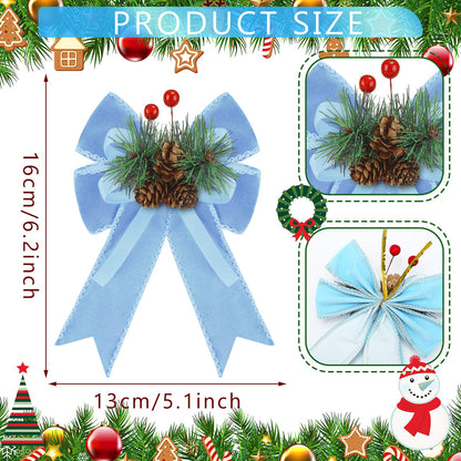 Syhood 6 Pcs Christmas Velvet Bow with Pine Cones Pine Needles Berries Xmas Bright Blue Ribbon Bow Ornaments 6.3 x 5.1 Inch for Christmas Tree Wreath Garden Fireplace Crafts DIY Decor