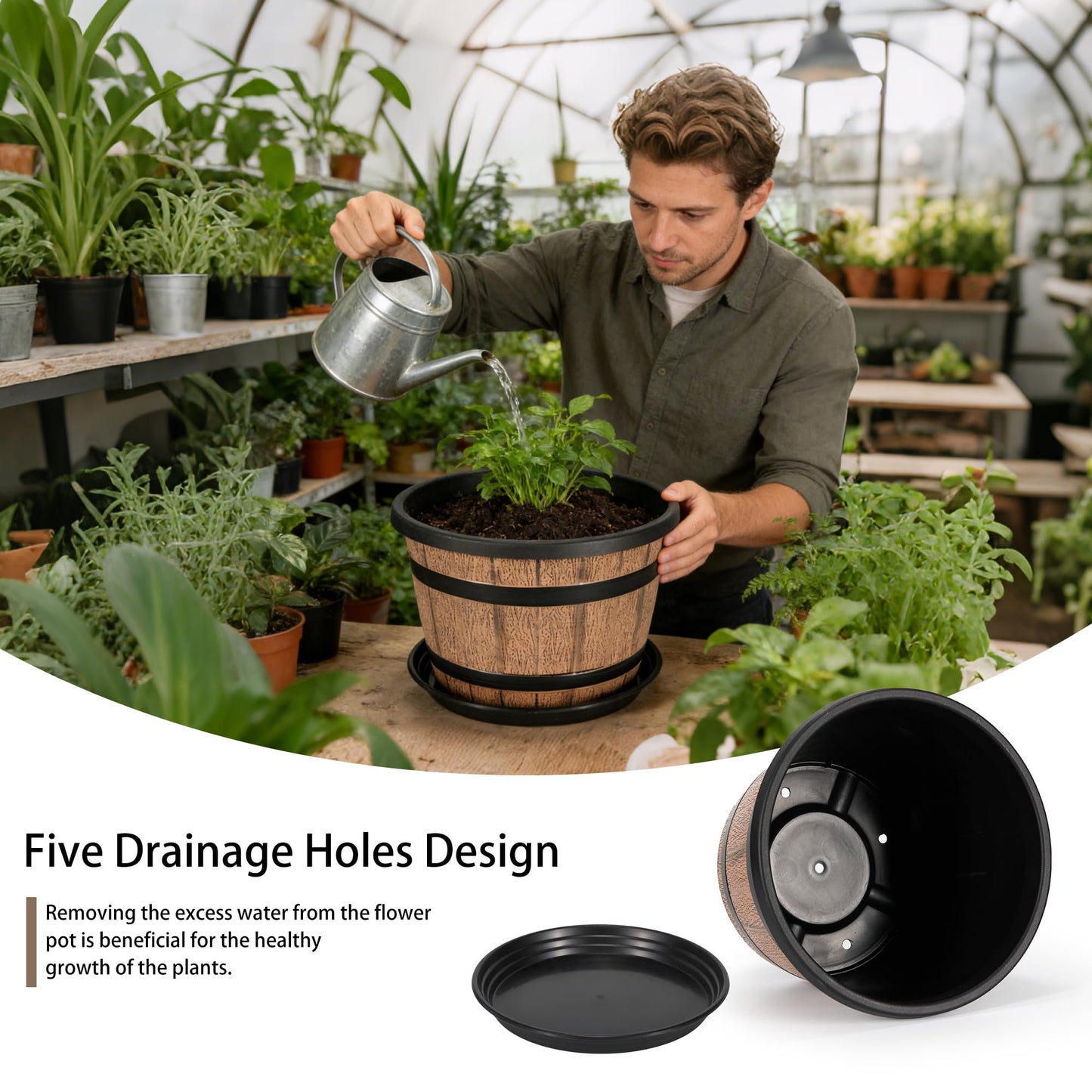 WEICHENGXING 12 Inch Whiskey Barrel Planters with Drainage Holes & Saucer, 5 Pack Plastic Plant Pots with Wine Barrel Design, Flower Pots for Indoor Outdoor Balcony