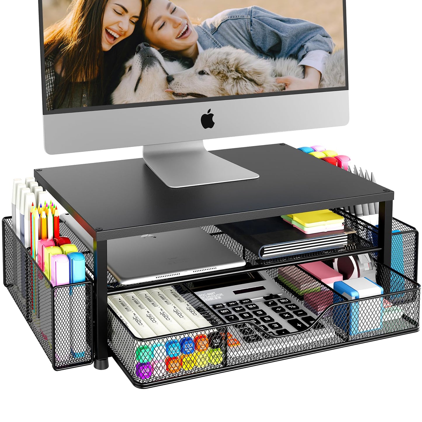 OPNICE Desk Organizer and Accessories, 2-Tier Computer Monitor Stand Riser with Drawer and 2 Pen Holders, Office Desk Accessories for Office Supplies, Black