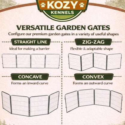 Kozy Kennels Decorative Outdoor Garden Fence - 40in, 8 Panels - Grey Heavy Duty Metal Fencing w/Anti-Rust Coating & Extra Wide Gate for Yard, Flower Bed Border, Dog & Animal Barrier
