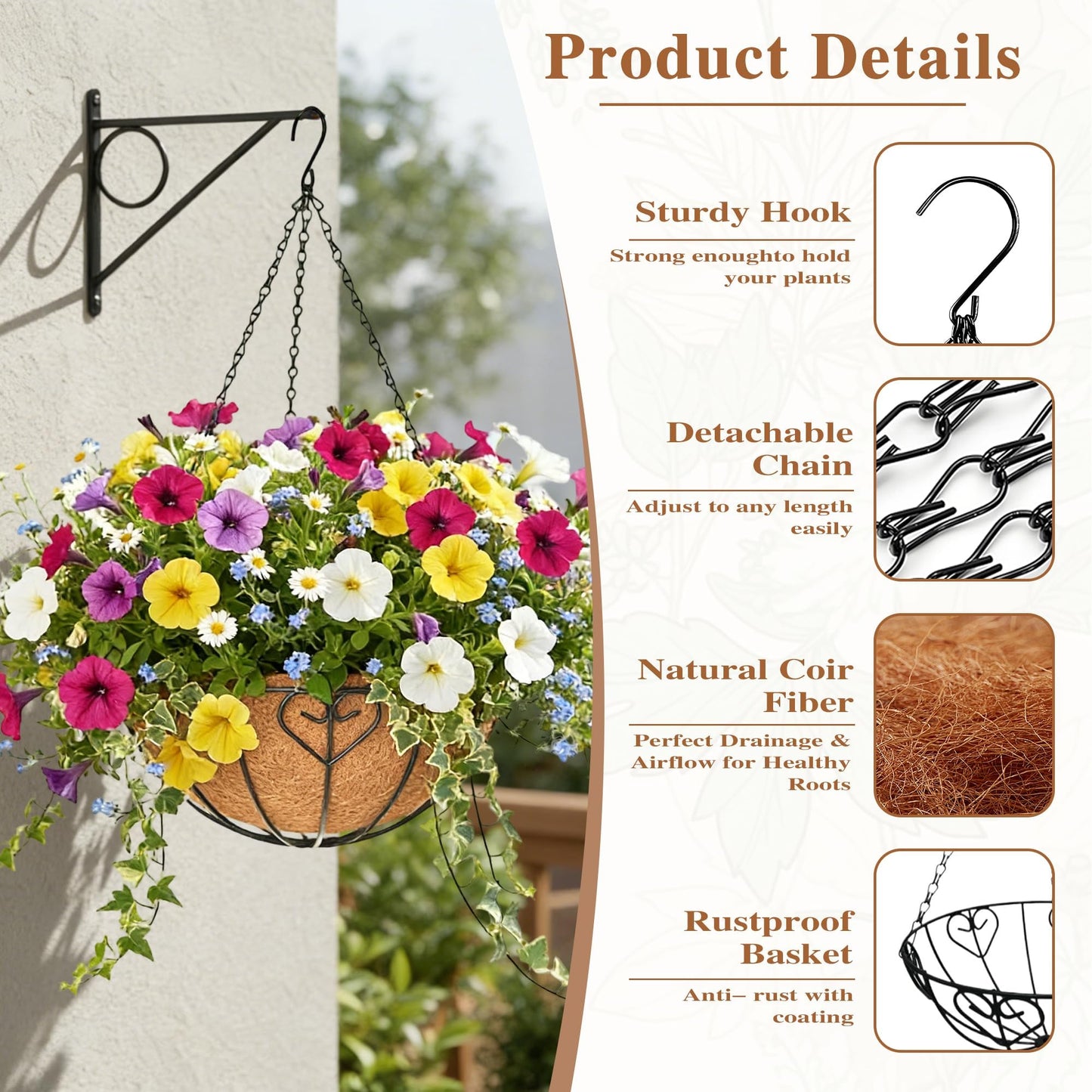 4 Pack Hanging Planter for Outdoor Plants 14 inch Metal Hanging Flower Basket with Coco Coir Liner Round Wire Plant Holder Chain Flower Pots Outdoor Garden Decoration Watering Hanging Baskets（AX）