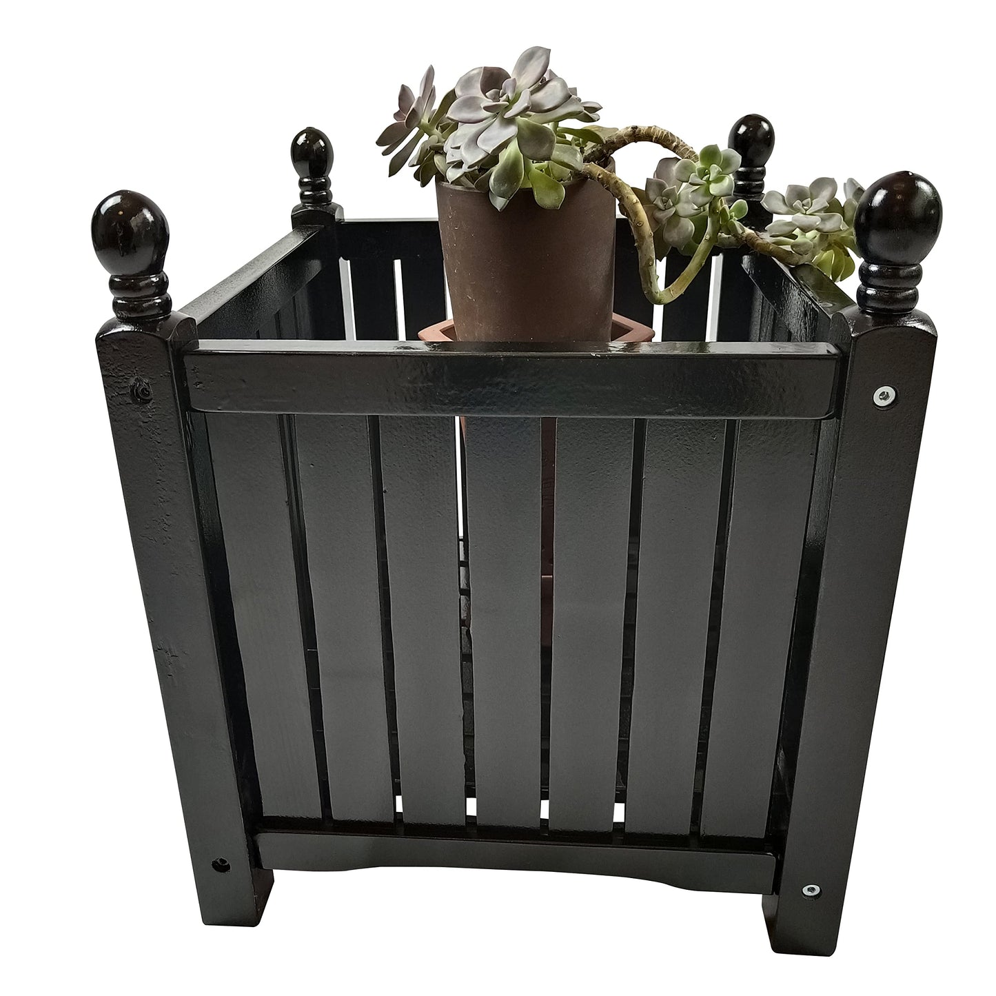 espidoo Square Wooden Planter Box: Solid Wood Outdoor Flower & Herb Pot - Decorative Garden Planter with Slatted Sides for Porch Patio & Deck - Easy Assembly Black Planter Box