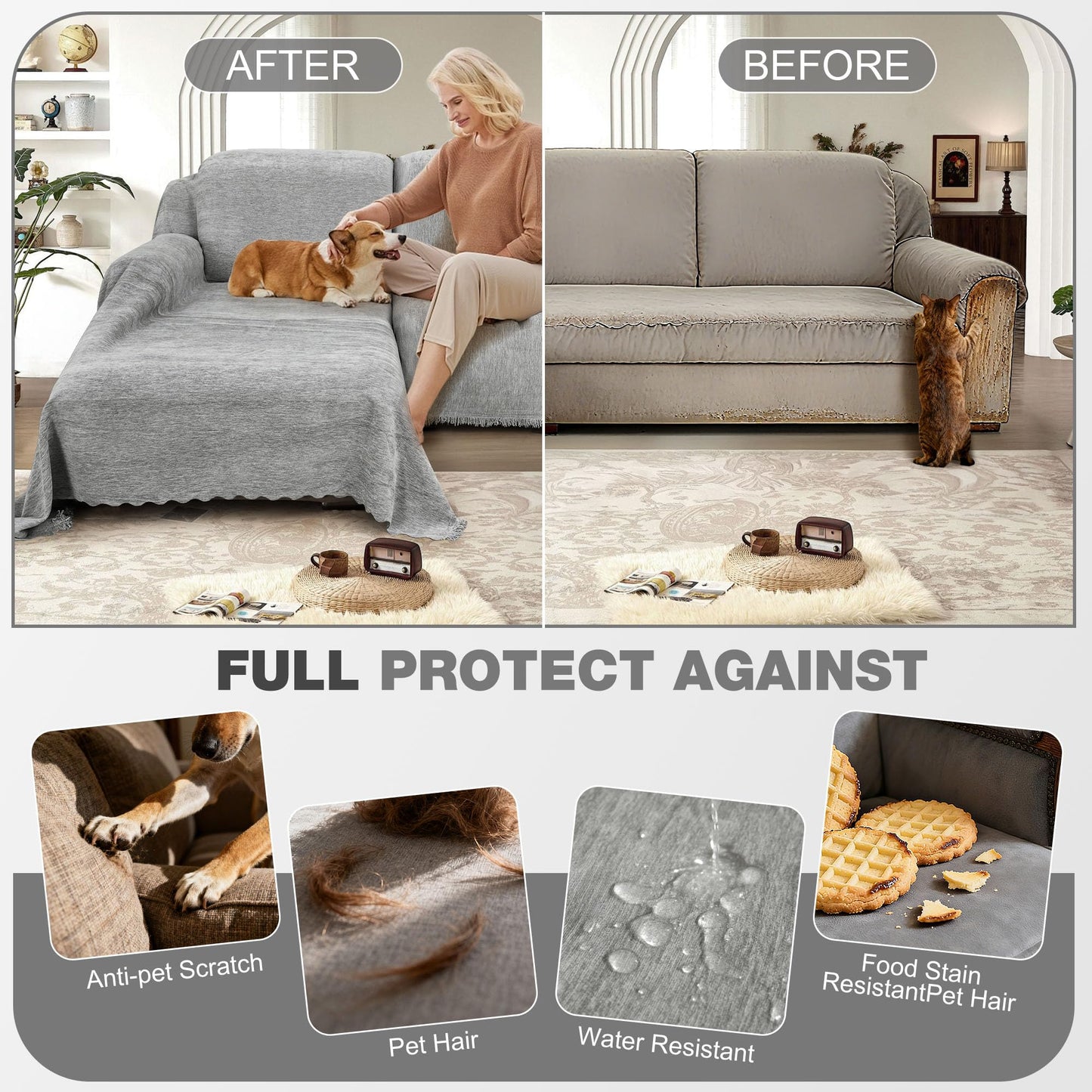 ROFASVCO 1OO% Waterproof Sectional Couch Covers L Shape Sofa Cover Washable for Dogs Pets Chenille 2 Pieces Chaise Couch Cover Blanket Sofa Slipcovers (71"x118" + 71"x118" X-Large, Air Grey)