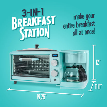 Nostalgia 3-in-1 Breakfast Station - Includes Coffee Maker, Non-Stick Griddle, and 4-Slice Toaster Oven - Versatile Breakfast Maker with Timer - Aqua