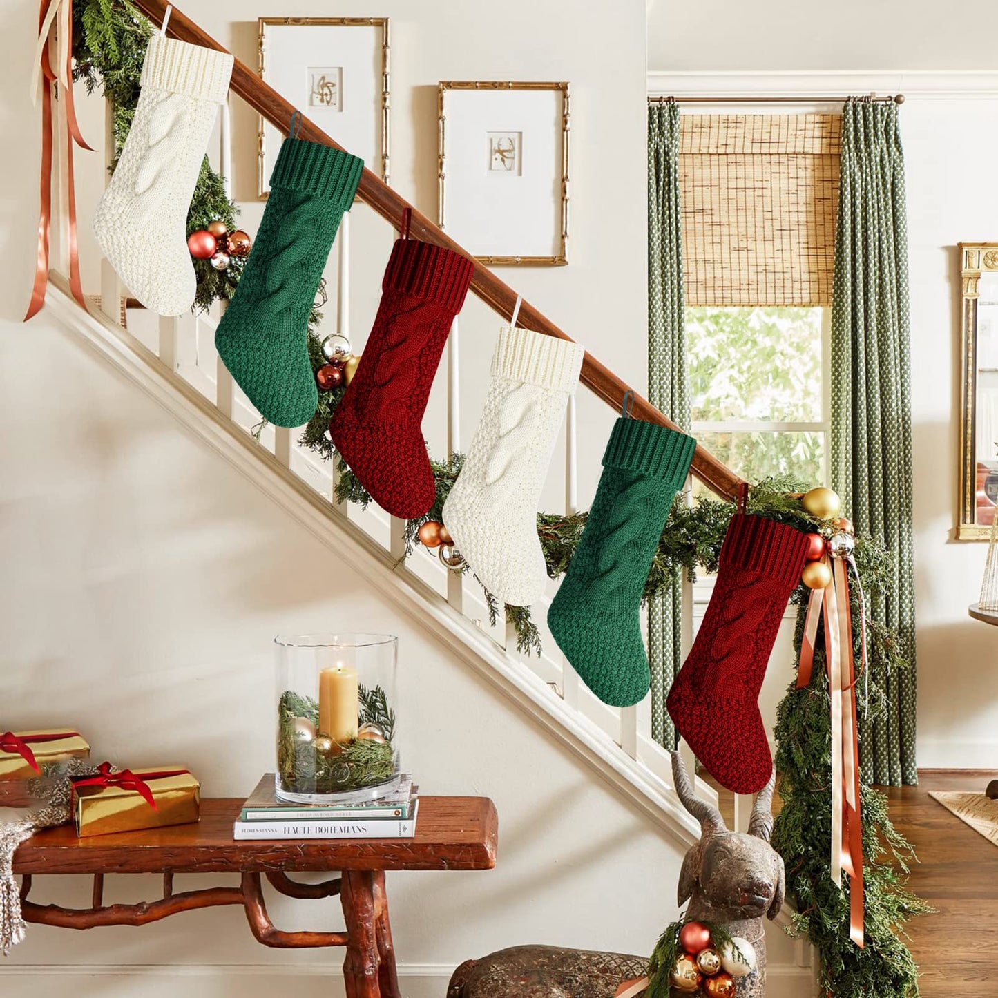 Kunyida 18" Unique Burgundy and Ivory and Green Knitted Christmas Stockings,6 Pack