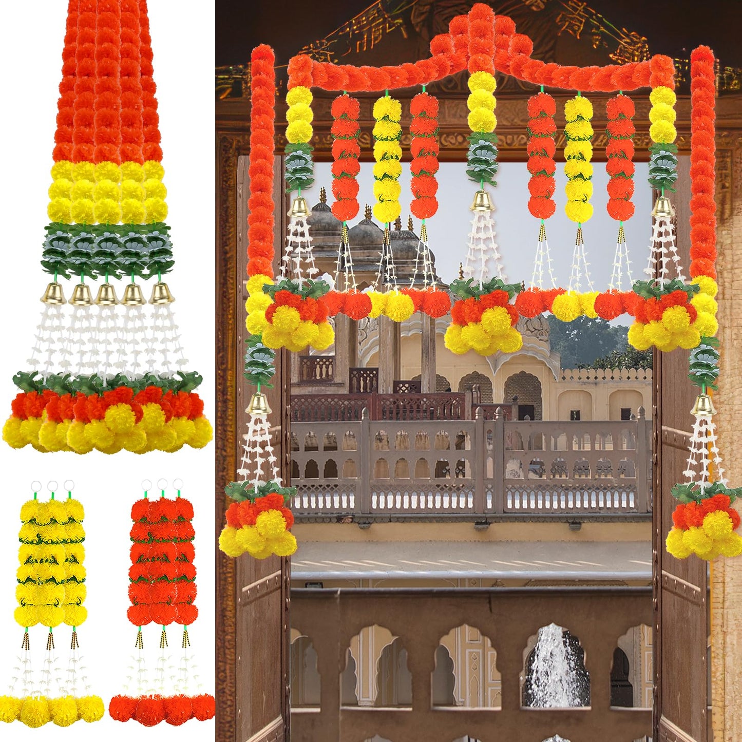 11PCS Diwali Decorations Marigold Garland for Home, Artificial Marigold with Bells and Leaves Long Strands for India Wedding, Pooja Decor, Marigold Flowers for All Year Decoration