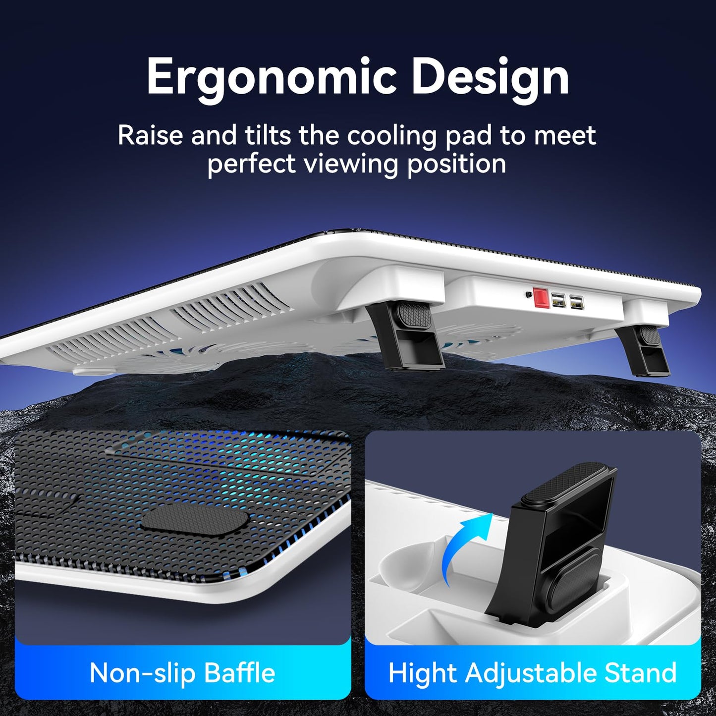 TECKNET Laptop Cooling Pad, Portable Slim Quiet USB Powered Laptop Notebook Cooler Cooling Pad Stand Chill Mat with 3 Blue LED Fans, Fits 12-17 Inches (White)