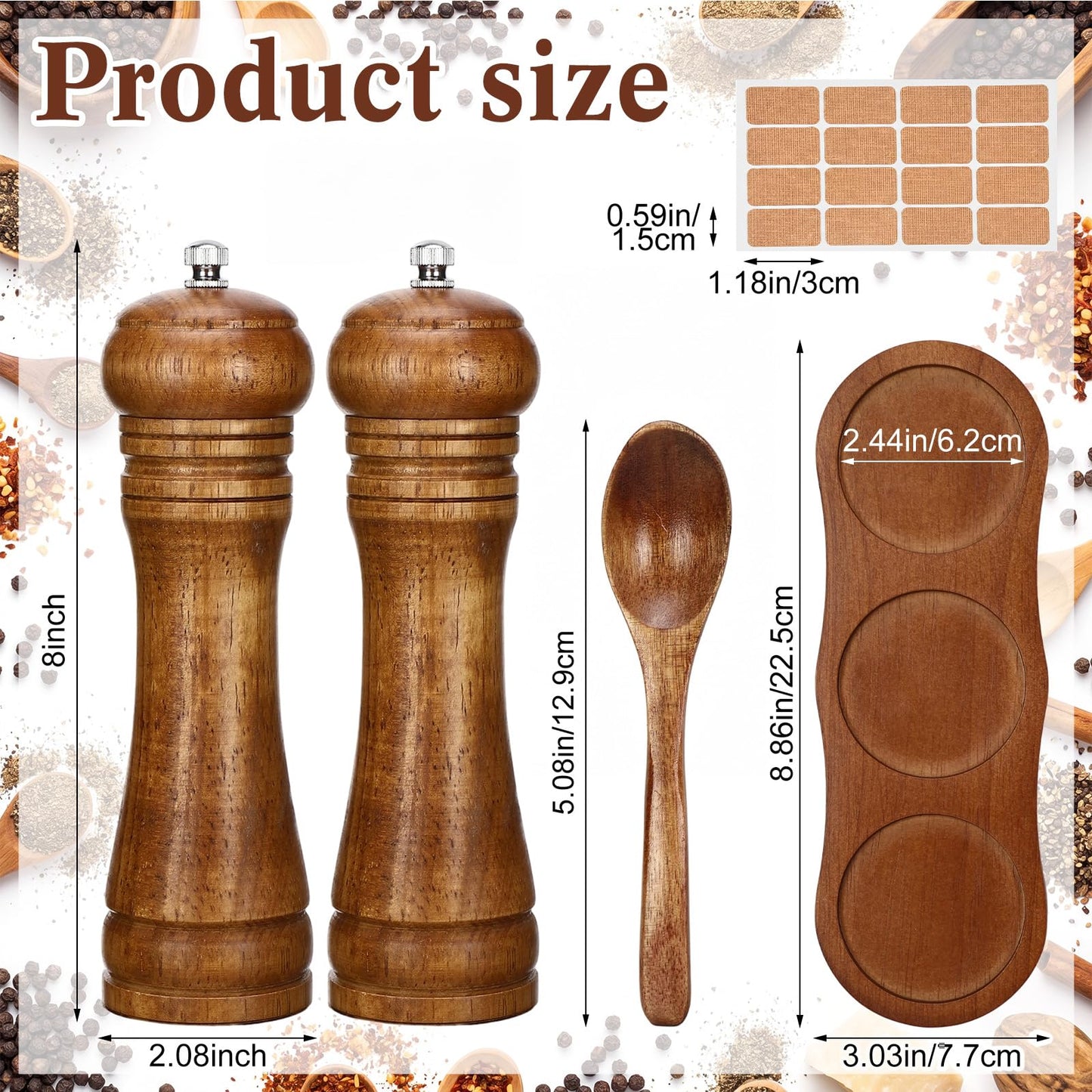 Hushee 6 Pcs Rubber Wood Salt and Pepper Grinder Set, 8 Inch Adjustable Coarseness Manual Pepper Grinder, Refillable Spice Grinders with Tray, Spoon & Cork Labels for Kitchen, BBQ, Camping