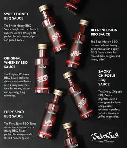 TIMBER TASTE® BBQ Sauce Gifts for Men [5x40 ml] - BBQ Sampler Set with Rubs and 5 Gourmet Barbecue Blends | BBQ Gift Sets | Grill Sauces Gift Set | BBQ Sauce Kit for Dads Birthday Present Box