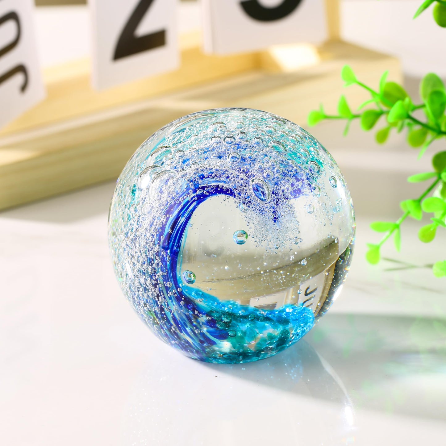 JFTOSALE Hand Blown Ocean Waves Glass Figurine Paperweight Ball, Home Decor Collectible, Aquarium & Office Decor for Ocean Lovers