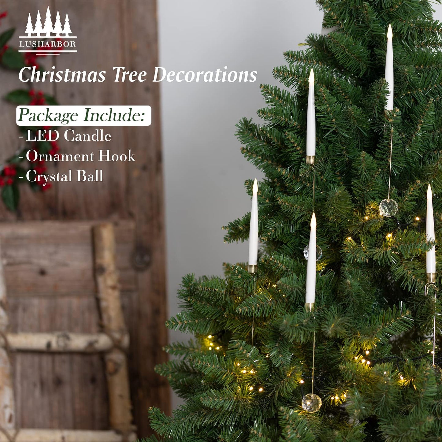 LUSHARBOR Christmas Tree Candles, 10 Pack Flameless Taper Candles for Christmas Tree Decor, Fake LED Candle Battery Operated with Remote for Xmas Wedding Home Gift with Crystal Ball Hook