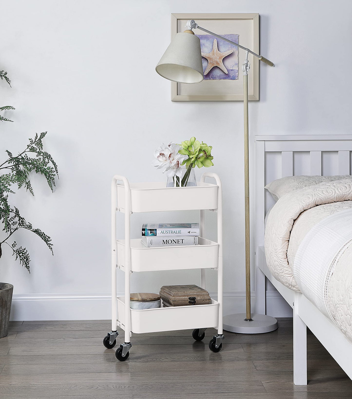 SunnyPoint 3-Tier Delicate Compact Rolling Metal Storage Organizer - Mobile Utility Cart Kitchen/Under Desk Cart with Caster Wheels - WHT (15.35" X 10.24" X 26.8"H)