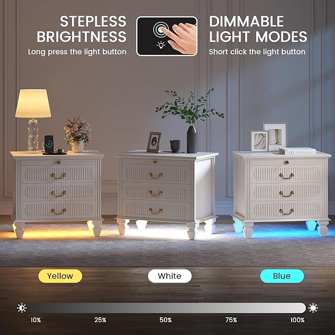 25.6'' Wide Bedside Table with 3 Drawers & Pull-out Tray, Smart Night Stand