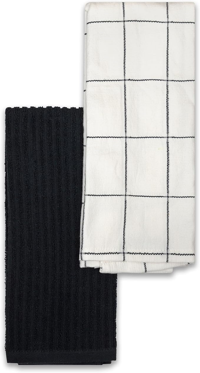 Frigidaire Carmen 2-Piece Cotton Kitchen Towel Set-Black and Square Print