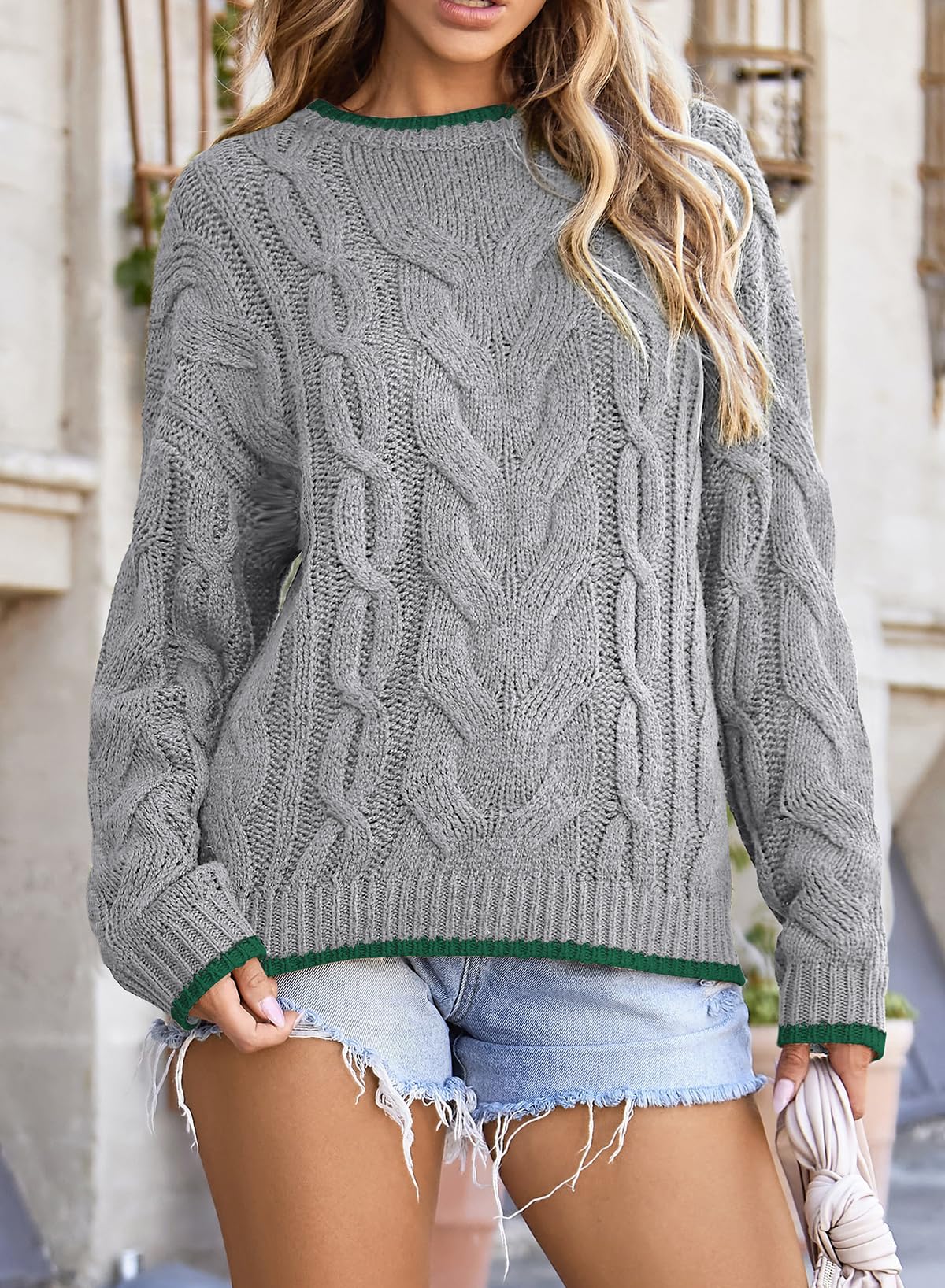 EVALESS Sweaters for Women Trendy Crewneck Long Sleeve Color Block Sweater Tops Fall 2025 Chunky Cable Knit Pullover Sweaters