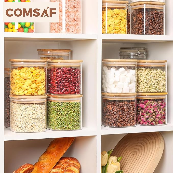 ComSaf 0.7 Qt Glass Food Storage Jars Set of 9, Pantry Organization Jar