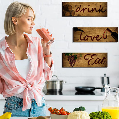 3 Pieces Red Wine Wall Art Wooden Barrel Wall Plaque Love,Eat,Drink Wood Signs Food Kitchen Decor Fruit Grape Wall Decor Retro Wine Cup/Bottle Picture for Dining Room Wine Cellar Artwork (Black)
