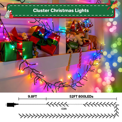 Christmas Cluster Lights Plug-in -52FT 800 LED Firecrackers String Lights,8 Modes Timer Waterproof Twinkle Fairy Lights for Christmas Tree Garland Party(Multicolor)