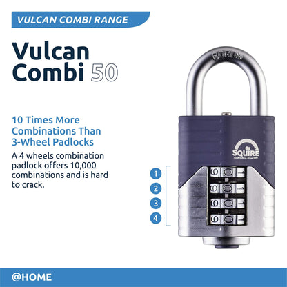 Squire Heavy Duty Padlock (Vulcan Combi 50) - Toughest Open Shackle - 4 Wheel Vulcan Padlock - Steel Cast Alloy for Corrosion Resistance - Weatherproof Lock for Home, School & Shed (Blue, 2")
