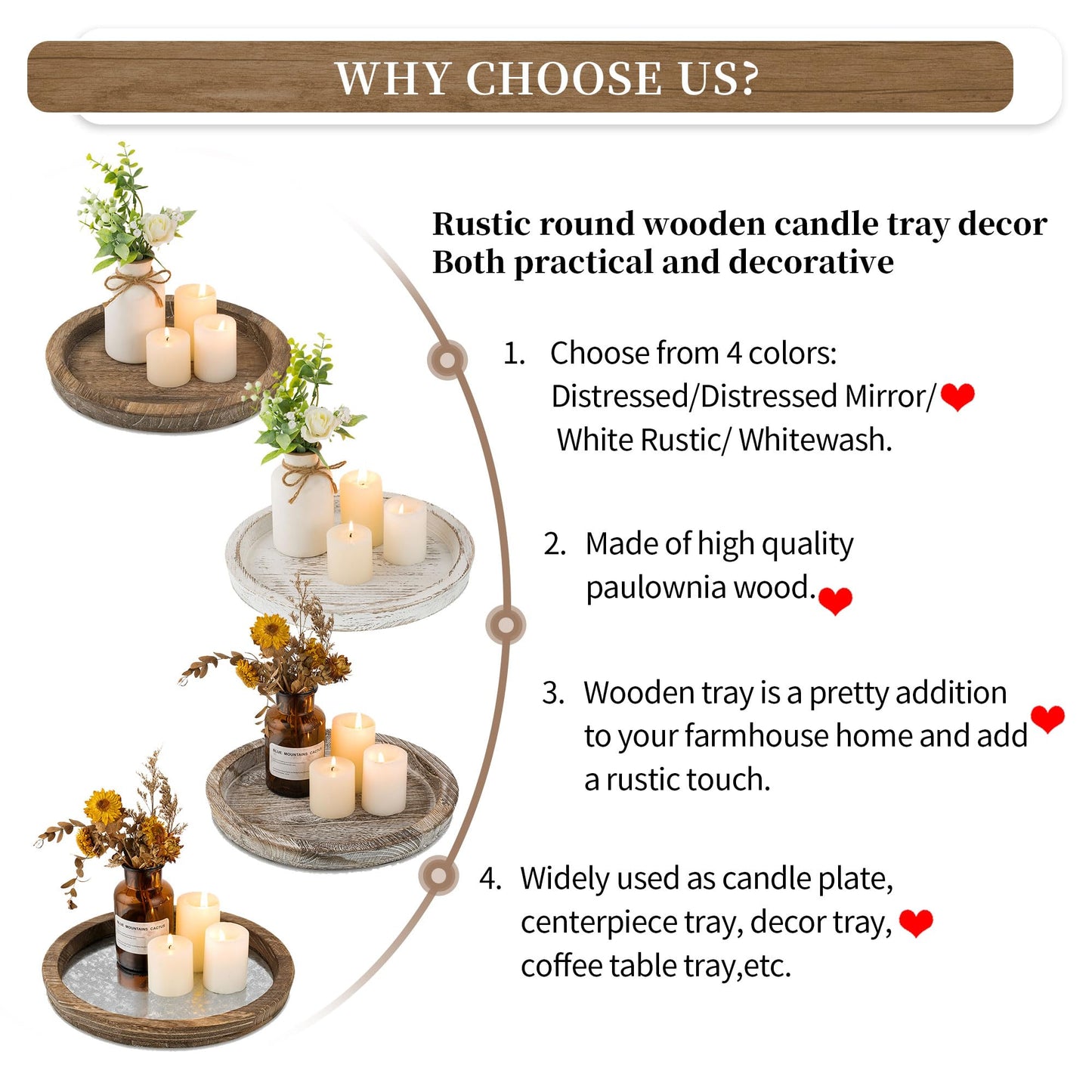 Hanobe Candle Plate Holder Tray: Round Wood Decorative Candle Plate - Rustic Farmhouse CoffeeTable Decor - Tealight Pillar Trays for Home Decor (Distressed Mirror)