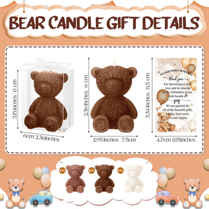 Threlaco 30 Sets Baby Shower Favor for Guests Large Bear Shaped Candles Bulk 2.95 x 2.36 Inch Bear Candles with Thank You Cards White Ribbons Clear PVC Boxes for Boys Girls Gender Reveal(Brown Series)