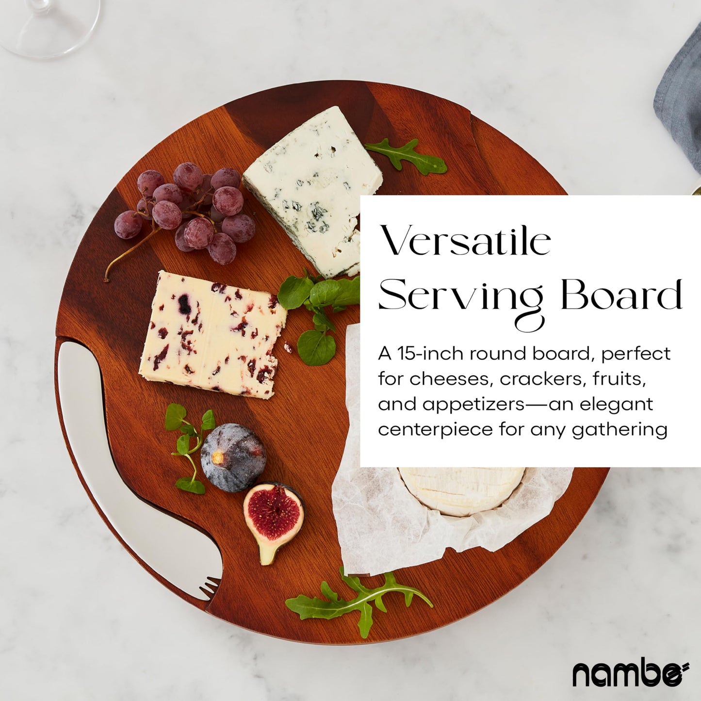Nambé Cheese Block and Knife Set – Round Acacia Wood Board Featuring Stainless Steel Details, Contemporary Tray with Spreader, Stylish Table Accent for Parties, Gatherings, and Dining