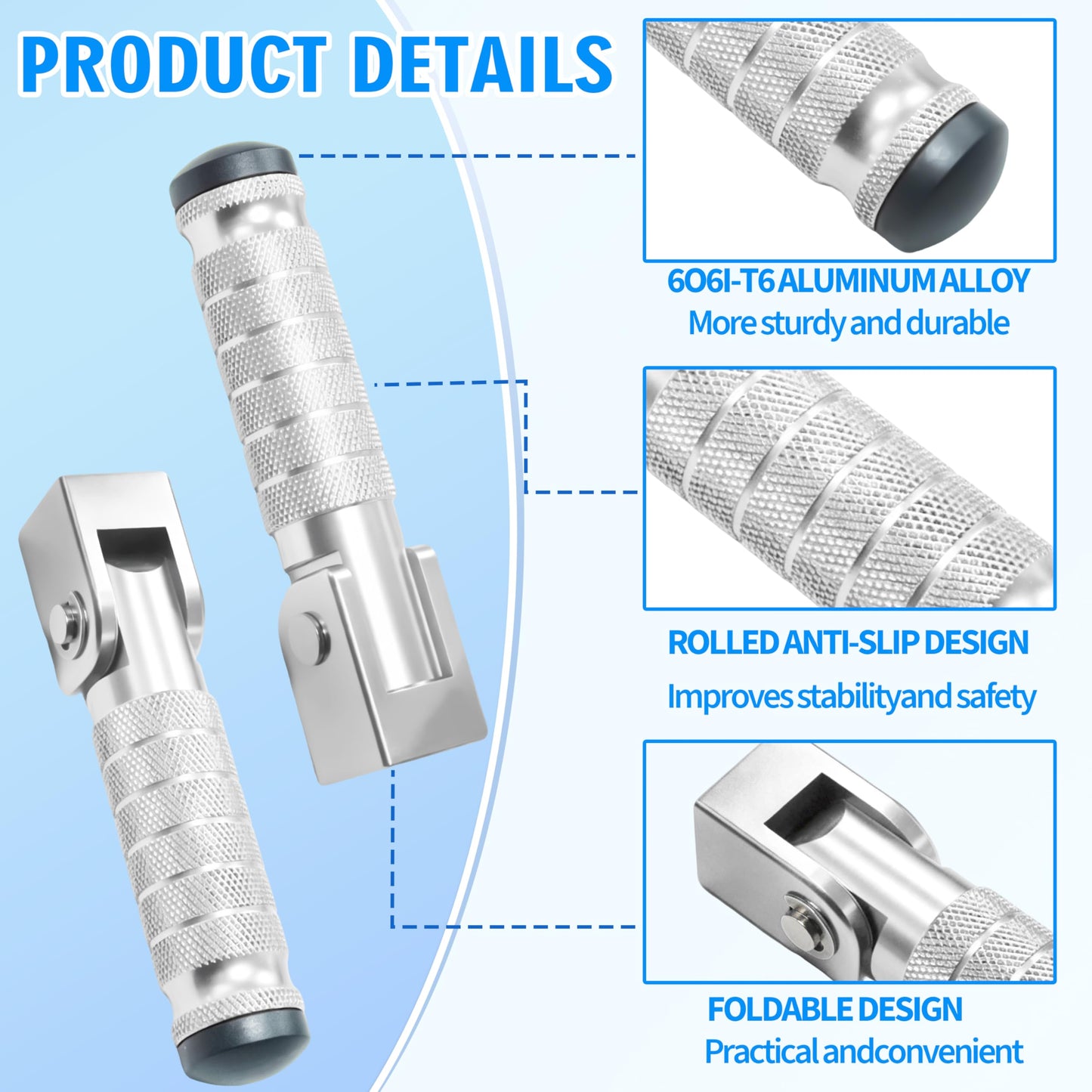 M8 Anti-Skid CNC Universal Motorcycle Foot Pegs Degree Foldable Footpegs Footrest,Upgrade Passenger Pedal For Mini Bike Dirt Pit Bike Electric Car Motorbike Honda Suzuki Yamaha Kawasaki (Silver)